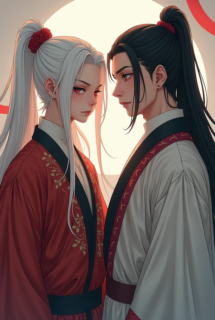 Create an image of: first, a man in his twenties, androgynous-looking, long white hair, Eyes red, slim body, wearing traditional Chinese clothing, in anime style.
Segundo, a man in his twenties, manly appearance, long black hair tied in a ponytail, gold eyes, slender and fit body, wearing traditional Chinese clothing, in anime style.