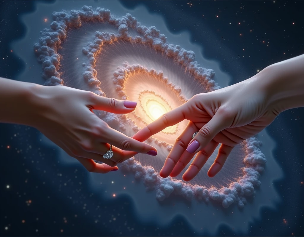 A delicate pair of Japanese women's hands, each with a diamond wedding ring on the ring finger, reaching towards each other, fingertips almost touching, against the backdrop of a breathtaking spiral galaxy, photorealistic, (best quality,8k,highres,masterpiece:1.2),ultra-detailed,(realistic,photorealistic,photo-realistic:1.37),HDR,UHD,studio lighting,ultra-fine painting,sharp focus,physically-based rendering,extreme detail description,professional,vivid colors,bokeh,space,cosmos,celestial,dynamic composition,intricate details,porcelain skin,elegant,graceful,serene