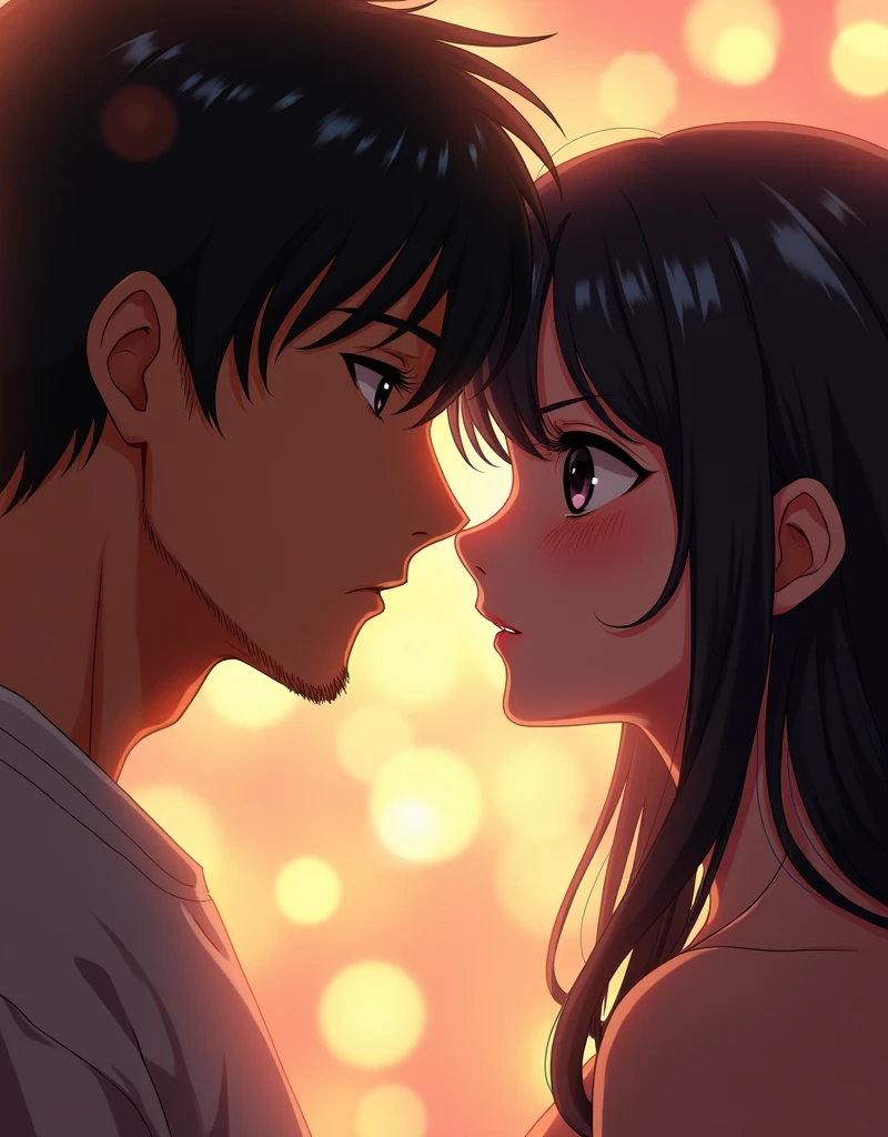 Create a Japanese anime style potrait image. Digital illustration in an anime style, featuring a close-up of two characters, a woman and a man, facing each other intimately. The woman has long, dark hair with bangs, fair skin, and large, expressive eyes with a slight blush on her cheeks. Her lips are slightly parted, adding to the intimate atmosphere. The man has short, dark hair, tanned skin, and a strong jawline with a hint of stubble. His eyes are focused on the woman, and his lips are also slightly parted. The background is blurred with warm, glowing lights, creating a romantic and soft ambiance. The overall composition emphasizes the emotional connection between the two characters.