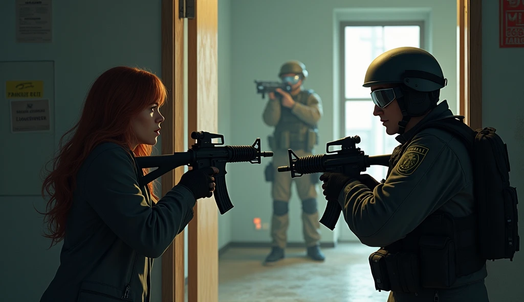 A sudden crash from the entrance startles them, and they both tense up, swat Roger gripping their weapons tightly. “What was that?” news anchor Francine whispers, her heart racing.