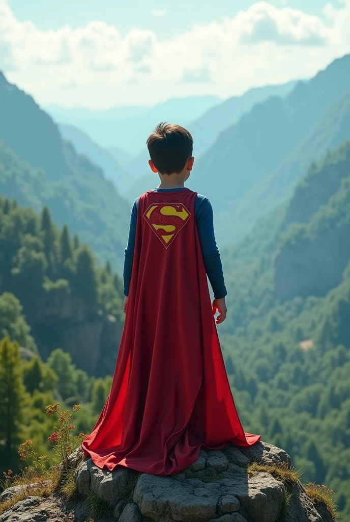 A boy standing in the top of the mountain and wearing Superman suit and also viewing forest in front of him