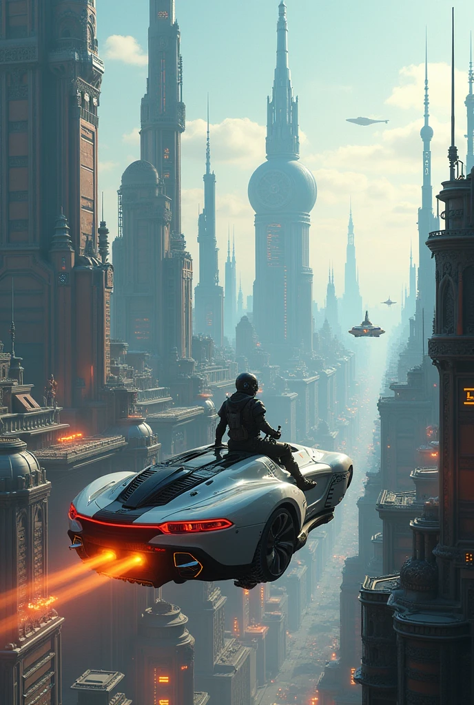 Russian city futuristic flying cars, cyborgs spaceships