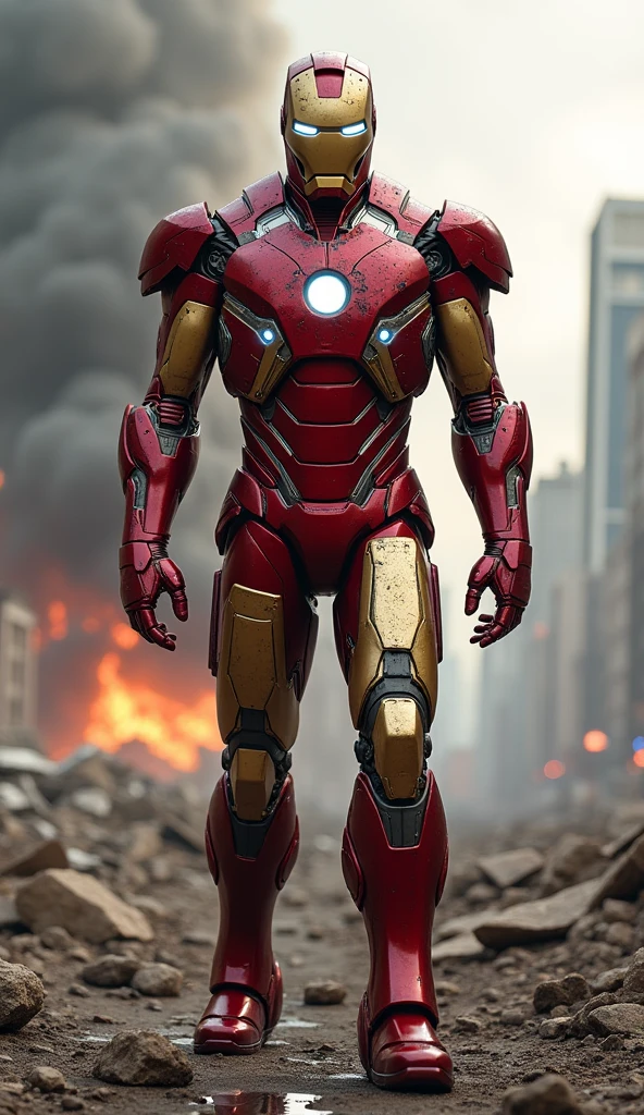A high-quality, realistic image landscape, full body shot, front shot, iron man concept image , post-battle damage scattered across armor, set against a backdrop of a ravaged futuristic cityscape, smoke billowing, scattered debris, contrasting the Armor's sharp lines, sharp shadows cast by the intense lighting of an explosion, captured in a realistic style, ultra-fine details.
