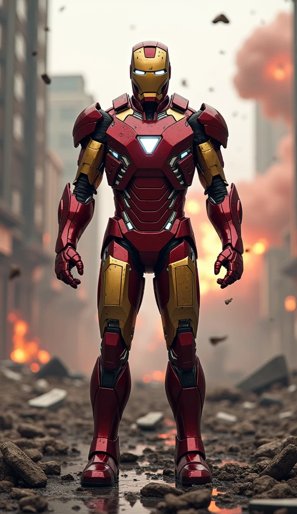 A high-quality, realistic image landscape, full body shot, front shot, iron man concept image , post-battle damage scattered across armor, set against a backdrop of a ravaged futuristic cityscape, smoke billowing, scattered debris, contrasting the Armor's sharp lines, sharp shadows cast by the intense lighting of an explosion, captured in a realistic style, ultra-fine details.