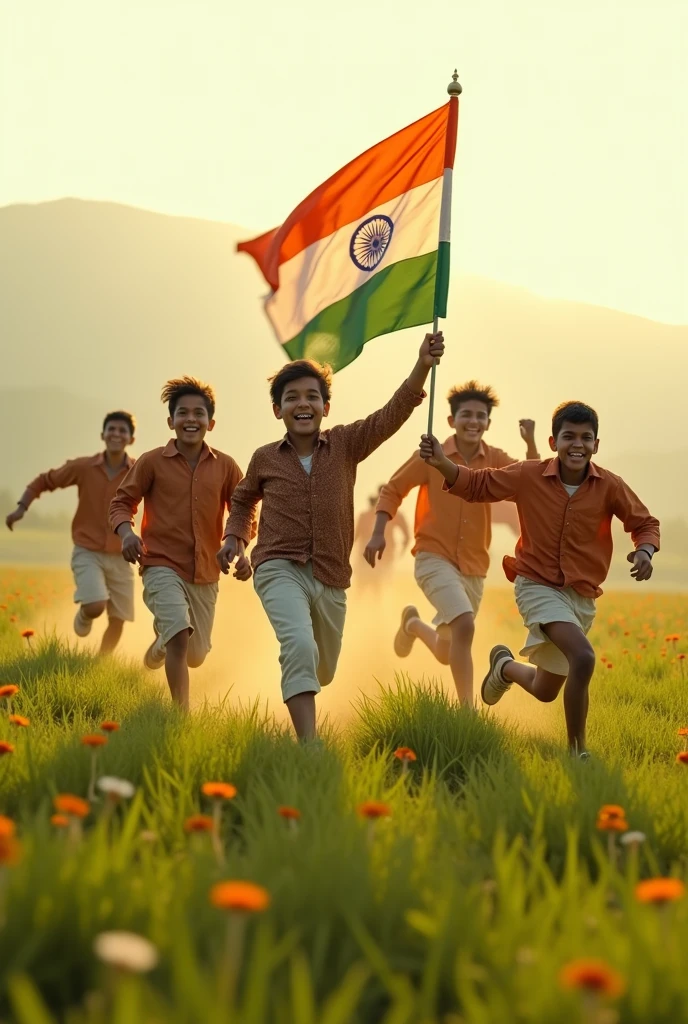 4- . They hold indian flag on hand. they wear indian Jersey and name INDIA on it. And behind them 4-5 Indian soldiers men are standing with Indian flag in their hands.
Indian map in lighter form in orange color in the background. All the characters are Indians.