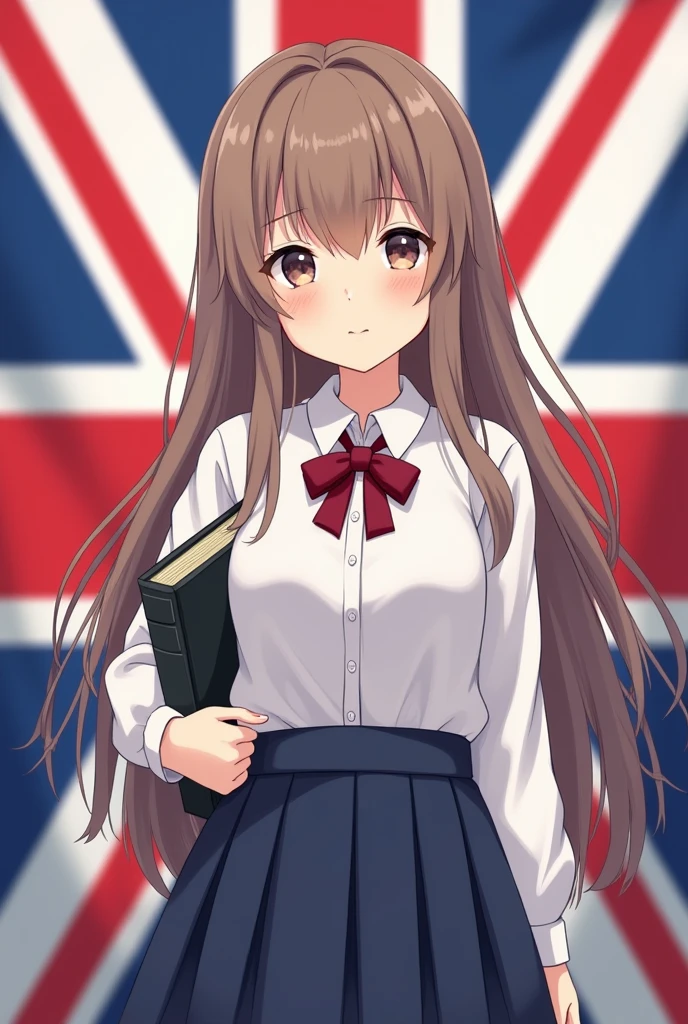 One girl carrying a book. She has long, teacher-colored hair and is wearing a cute Korean school uniform. The UK flag should appear behind her