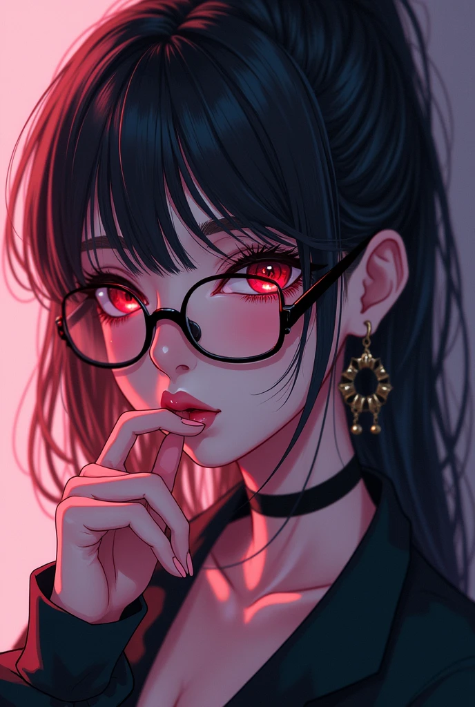 (Portraits:1.4), (masterpiece:1.2, best quality:1.2),a woman with glasses and a red eye is looking at the camera, ig studios anime style, discord profile picture, lofi portrait, lofi girl, anime vibes, avatar image, lofi artstyle, anime style mixed with fujifilm, face with artgram, anime style only, high quality anime artstyle, anime style portrait, anime style character face focus, extremely detailed face, extremely detailed eyes, good-looking, make up, finger on lips, sunglasses, fashion wear, earrings,