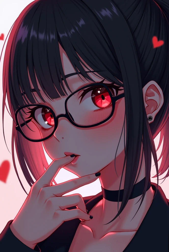 (Portraits:1.4), (masterpiece:1.2, best quality:1.2),a woman with glasses and a red eye is looking at the camera, ig studios anime style, discord profile picture, lofi portrait, lofi girl, anime vibes, avatar image, lofi artstyle, anime style mixed with fujifilm, face with artgram, anime style only, high quality anime artstyle, anime style portrait, anime style character face focus, extremely detailed face, extremely detailed eyes, good-looking, make up, finger on lips, sunglasses, fashion wear, earrings,