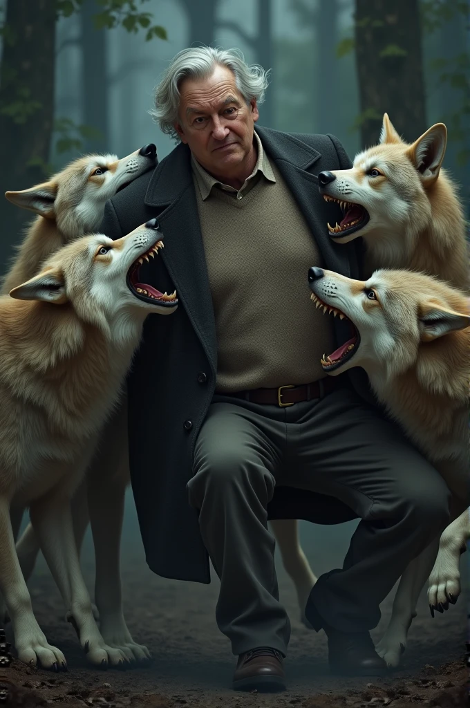 Professor being bitten in the rib by wolves