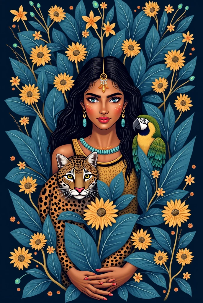 Flag in dark blue with indigenous details in light blue. In the center, an image with an ocelot.,macaw and an indigenous woman surrounded by flowers and leaves Scattered across the flag in golden tones names Apiacá,Arapium,Red Macaw,Borari,black face,Cumaruara ,Jaraqui,Sacred ,Munduru,Tapajó,Tapping,Tupinamba