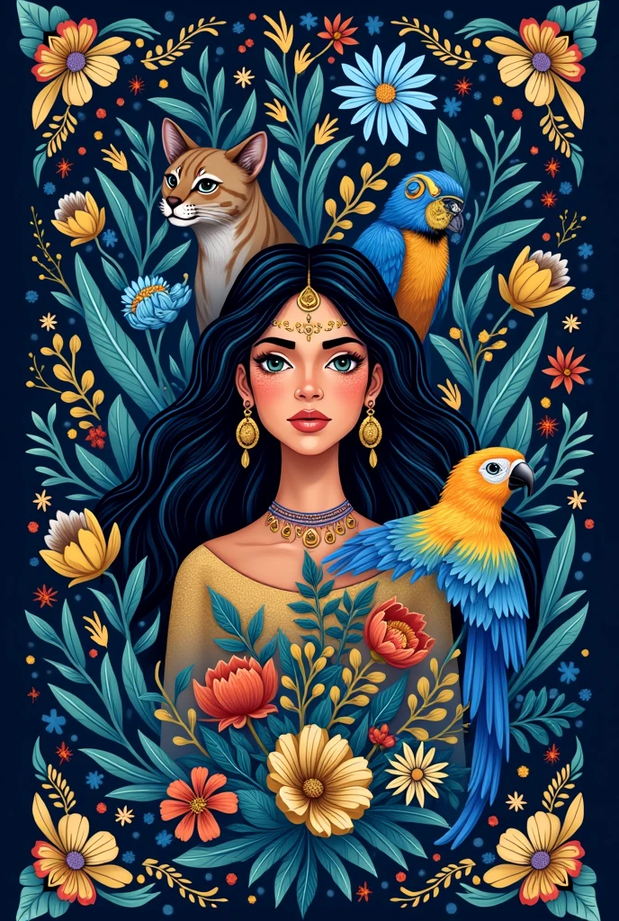 Flag in dark blue with indigenous details in light blue. In the center, an image with an ocelot.,macaw and an indigenous woman surrounded by flowers and leaves Scattered across the flag in golden tones names Apiacá,Arapium,Red Macaw,Borari,black face,Cumaruara ,Jaraqui,Sacred ,Munduru,Tapajó,Tapping,Tupinamba
