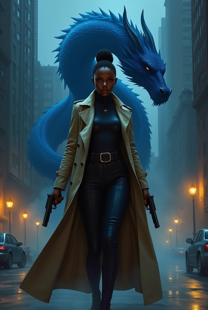 african woman,mafia,trench coats,pistols,blue Dragon