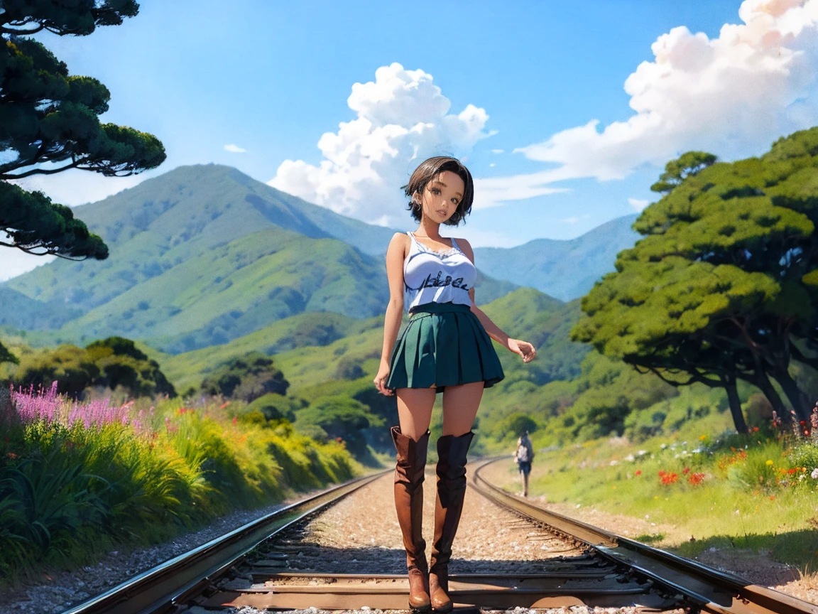 There is a beautiful 1girl standing on the train tracks, train signals, landscape artwork, anime background art, loepfe art, detailed scenery, landscape art detailed, loepfe art style, beautiful anime landscape, made with anime painter studio, background artwork, anime country landscape, Studio ghibli kyoto animation hideaki anno Sakimichan Stanley Artgerm Lau Rossdraws James Jean Marc Simonetti, beautiful art UHD 4 K, anime art wallpaper 8 K, anime landscape, smiling at camera, tank top, mini skirt, boots, short hair, very busty