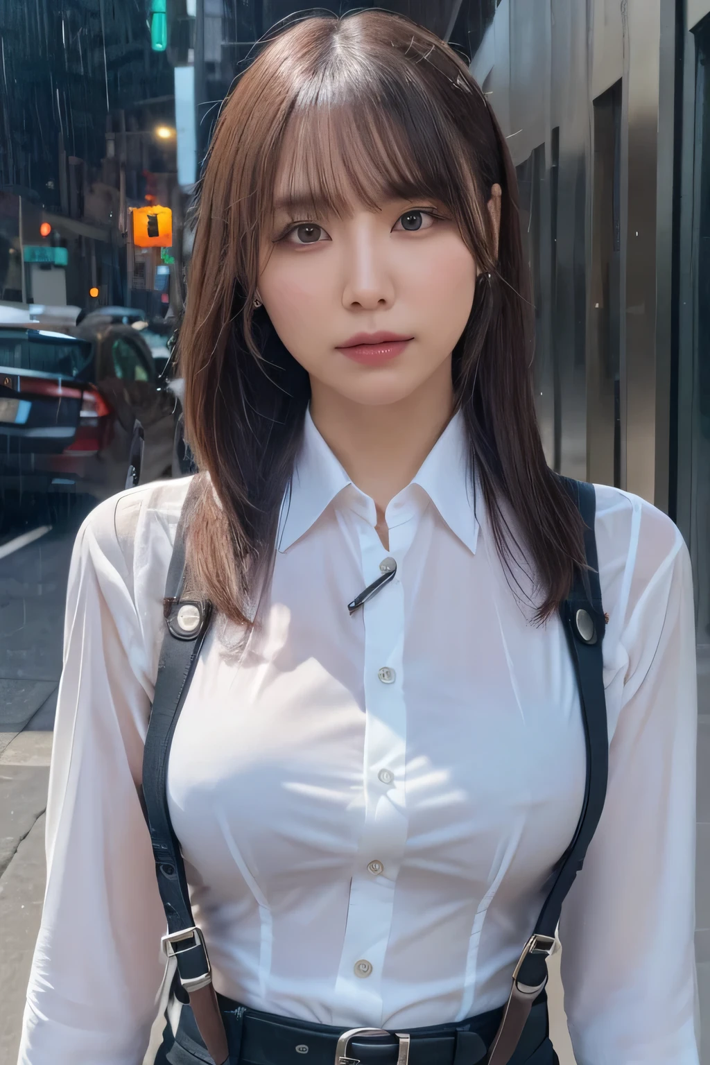 a woman in a suit, belt, hands behind back, sweating, suspenders, black pants, sexly, large breasts, see-through clothing, rain, detective, office worker, white button-up shirt, (best quality,4K,8k,highres,masterpiece:1.2),ultra-detailed,(realistic,photorealistic,photo-realistic:1.37),hyper-detailed,highly detailed face and body, Slender thin suspenders Moderate breasts See-through shirt Nipples holster chain Pistol Armament criminal Female criminal knife