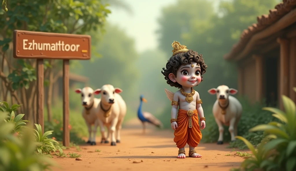 Cute little krishna is standing in a village. Village name EZHUMATTOOR is highlighted in a road sign board. There is some baby cows and peacocks in blur background.
