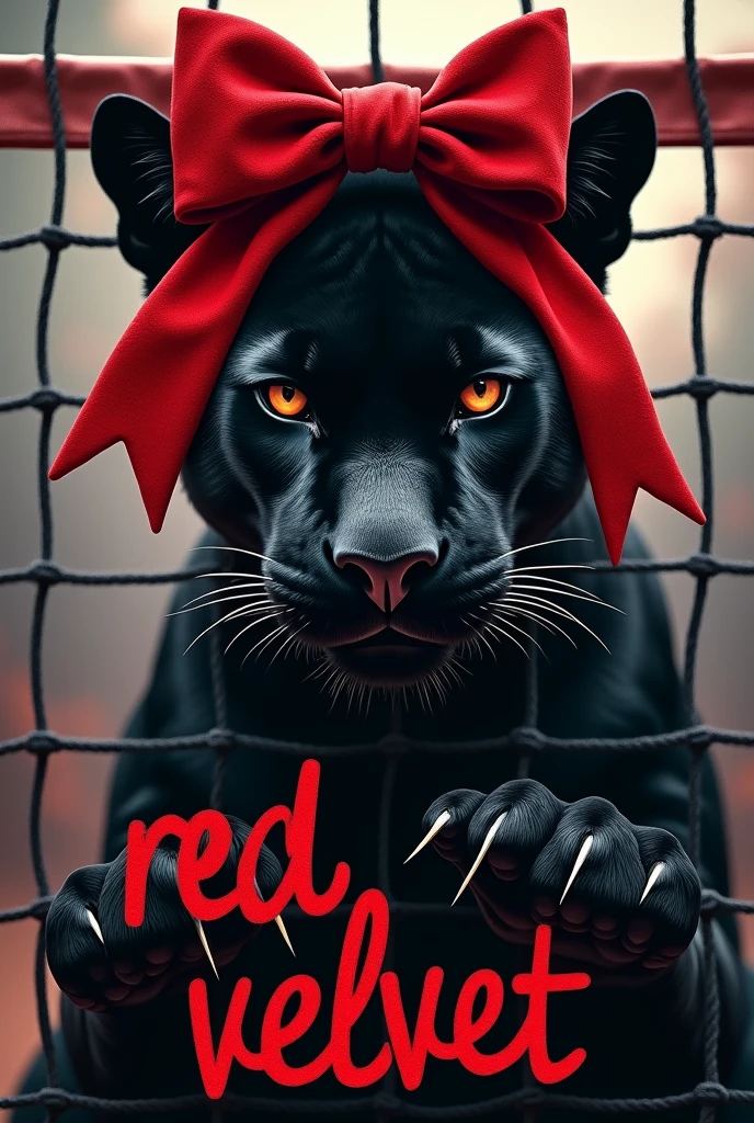 Create a panther with a red bow on its ear, Written "red velvet" with a volleyball net