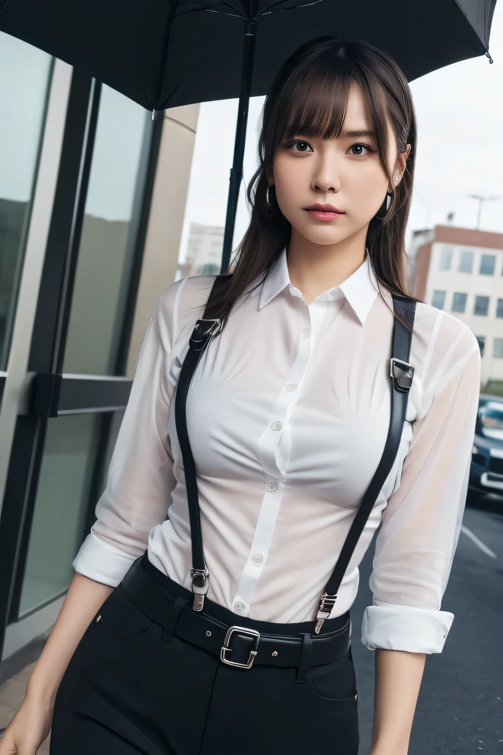 a woman in a suit, belt, hands behind back, sweating, suspenders, black pants, sexly, large breasts, see-through clothing, rain, detective, office worker, white button-up shirt, (best quality,4K,8k,highres,masterpiece:1.2),ultra-detailed,(realistic,photorealistic,photo-realistic:1.37),hyper-detailed,highly detailed face and body, Slender thin suspenders Moderate breasts See-through shirt Nipples holster chain Pistol Armament criminal Female criminal knife