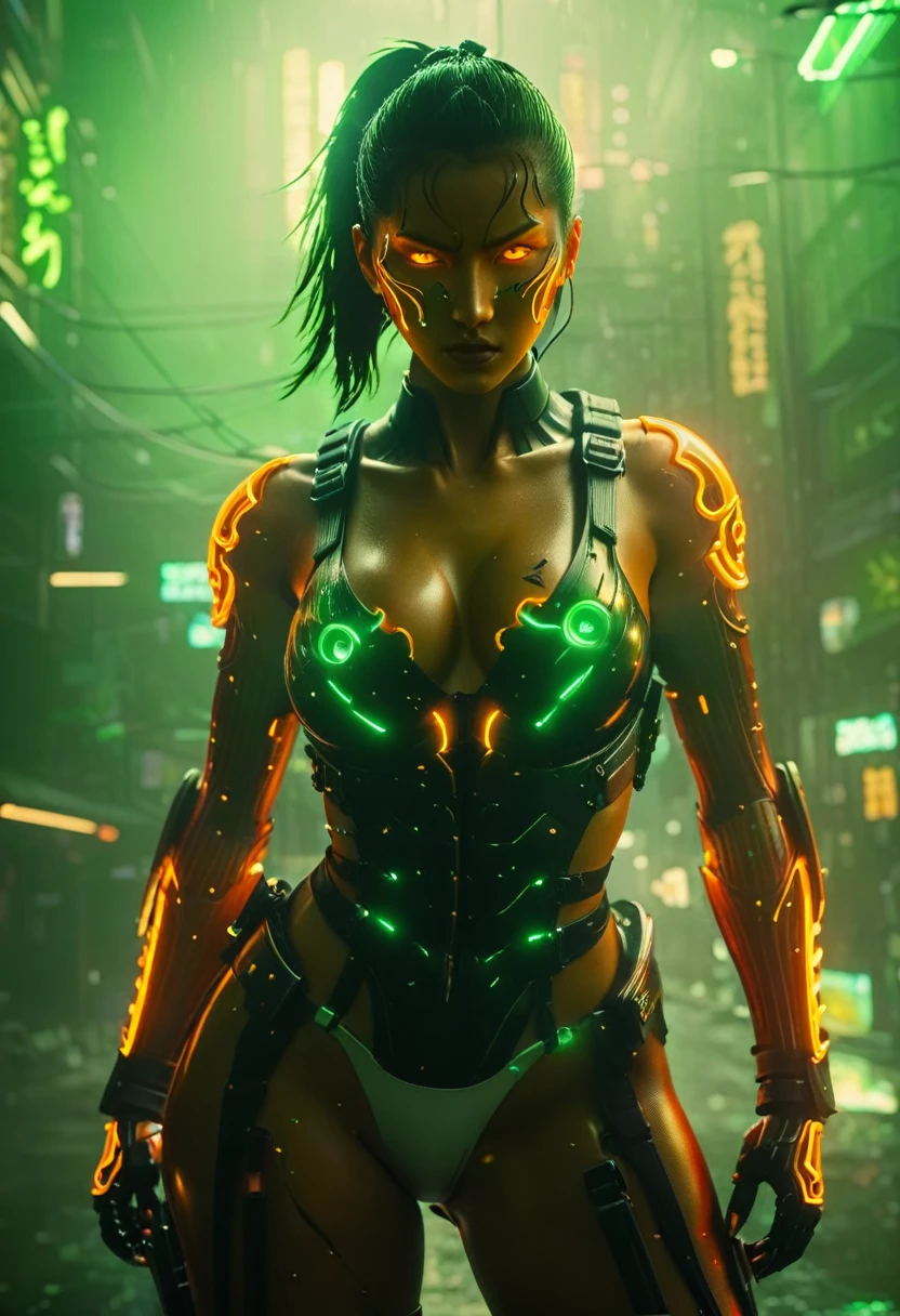 cyberpunk flame suit, cyberpunk armor, flaming eyes, glowing eyes, ((RORONONA ZORO)),2 katana sword, highly detailed, intricate details, cinematic green lighting, volumetric lighting, green neon lights, dynamic pose, dramatic atmosphere, cyberpunk city background, vibrant colors, hyper-detailed, photorealistic, 8k, (best quality:1.4), (masterpiece:1.2), (realistic:1.4), (sharp focus:1.3), (cinematic lighting:1.2), (neon lights:1.3), (dynamic pose:1.2), (dramatic atmosphere:1.3)