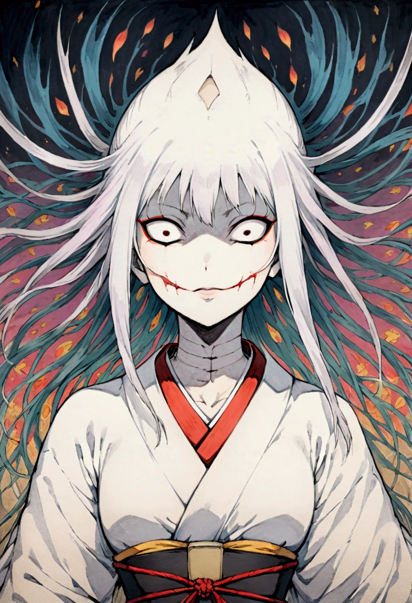 A traditional Japanese drawing showing Kuchisake-onna with her characteristic disfigured face and a white kimono.