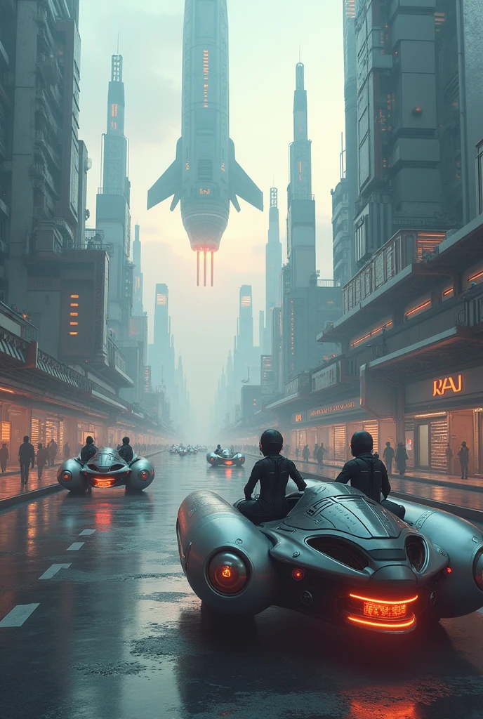 Russian city futuristic flying cars, cyborgs spaceships