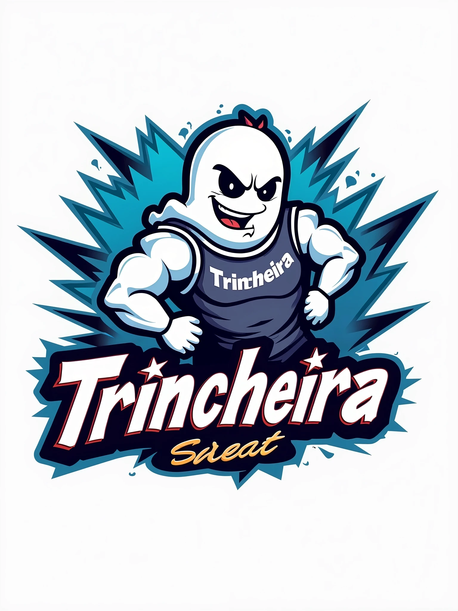 Create a logo for a sales store with the name "TrinCheira" with a ghost mascot sport style