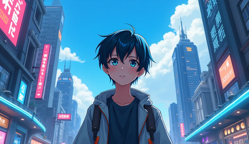 Full body image, anime style, boy , black hair with blue highlights, clear skin, cyberpunk futuristic world