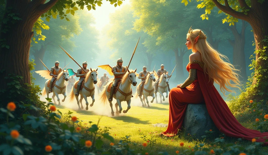 A majestic elven queen, with flowing golden hair and starry eyes, presides over a grand medieval tournament. Winged horses and unicorns, with shimmering coats and magical horns, race through a lush, enchanted forest. The knights, clad in colorful armor, charge on their majestic steeds, their lances poised for battle. The queen sits upon a crystal throne, her gaze fixed on the competitors. The scene is bathed in warm sunlight, casting long shadows on the forest floor. Use a whimsical, childlike perspective, reminiscent of Pixar's animated style