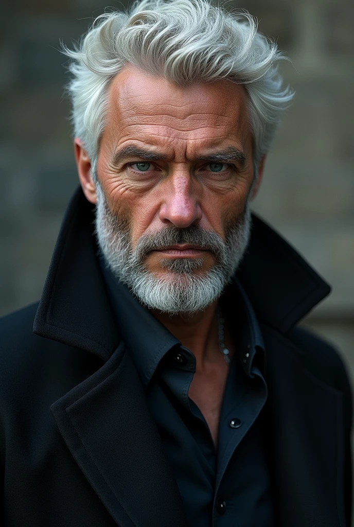 A frictional men with light beard
with white messy hair and blue eyes with masculine jawline and wear a black overcoat
