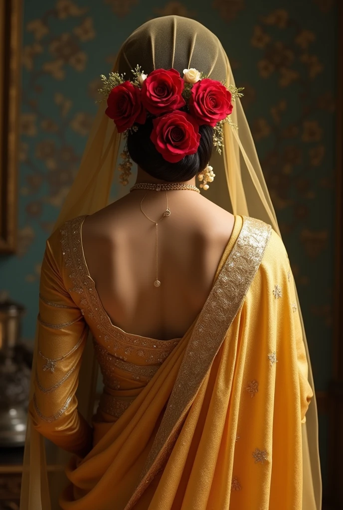 Picture of the back side of a muslim bride in golden sharee, with hijab. Her hair bun will be covered with red roses. No skin or hair will be visible, everything will be covered byhijab/skarf. A maroon transparent veil will be over her head, through which, the flower-bun will be visible.