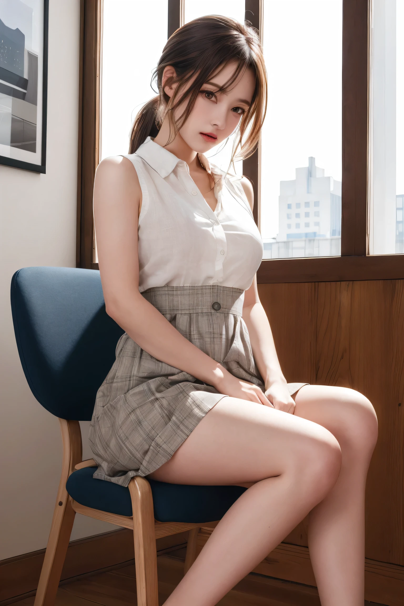 (masterpiece, Highest quality, 8k, RAW Photos, beautifully、aesthetic:1.2), Intricate details, indirect lighting, Realistic,
whole body,
Square neck button-down linen sundress,
Training women , Chair to sit under skirt,