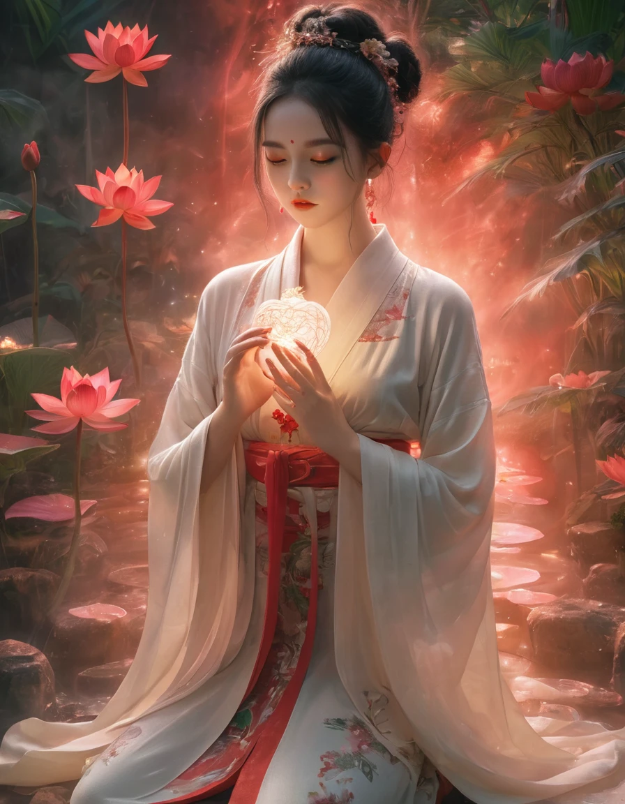 Full-body photo of a courtesan in lotus position，Praying with palms together、Anatomically correct,born, Cinematic shots, (Sharp focus:1.5), (Realistic:1.4), dusk lighting, Volumetric lighting, Ultra-high resolution, 16K,Dramatic lighting, Abstract background：1.5）（Tangleた，Datura stramonium，Holding a heart light in your hand、Tangle，Intertwined：0.7）witch，Red kimono, Foxfire spells, conversion, Depth of written boundary, A fantastic atmosphere, The most beautiful form of chaos, Elegance, Fauvist Design Dark Theme, flowers of death, flowers of ecstasy，Glowing Lines,Glow Example，Tracking example，flash， Backlight，translucent，Particles of light,hill，exit