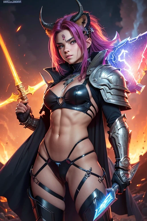 A young 15- yr old chimera girl with lovely charming face, having sapphire Lion skin tone pigmenting texture, (wearing nose ring), (body builder, athletic masculine size body),(having a lots of battle scar's), ( sapphire Lion skin texture masterpiece ), (tomboyish cyber punk hairstyles look), (( wearing helmet with horns)), (serious, with exposed teeths showing large fangs)(perfect full body detailed anatomy), (Super accessories detailed), (fighting pose), (perfect detailed bright sparkling eyes),( short illuminating hair), ((expose big hard erect nipples))(( wearing illuminating transparent armored panty and bra, with pussy clitoris exposed ))((legs wide open showing pussy line))(( Wearing illuminating transparency lion costumes )), (( holding a treasure axe or treasure war hammer )), ( lava cliff background), (( illuminating different lights covering the sorrounding atmosphere of battle fields)) on its back wearing dark cape detailed design, has a angry face, 7 different perspective view of that same girl & face profile sheet character style