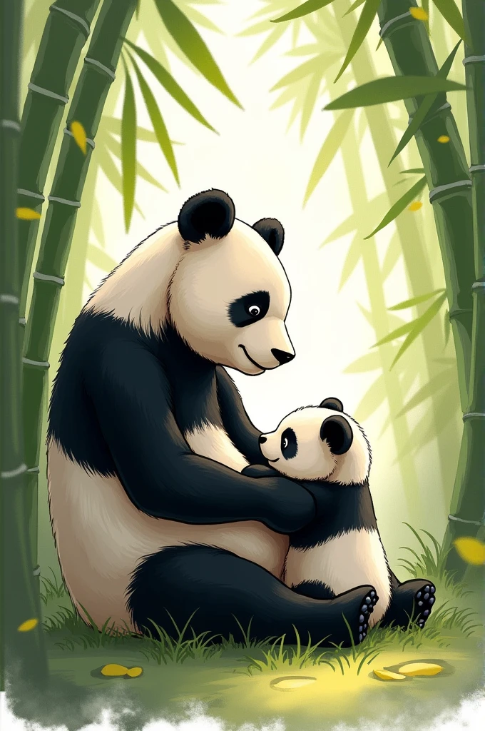 Sketch of a mother panda watching her cub play