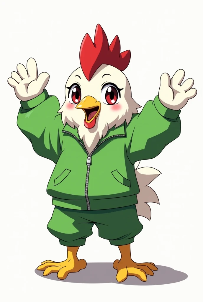 White Rooster Anime, wearing green clothes, while raising hands, 