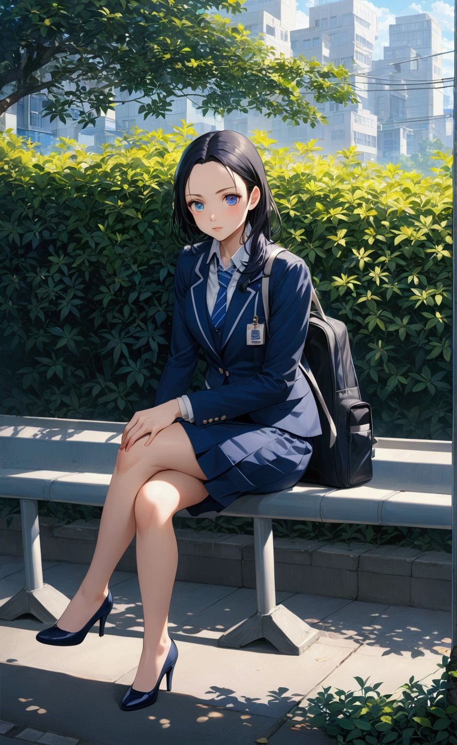 realistic anime illustration of pretty business college girl is sitting crossed legs on seat at bus stop, carrying a prussian-blue backpack, ixora bushes behind her, she has a black hair (forehead), wearing  navy-blue blazer outer, white shirt with navy-blue necktie, (navy-blue pencil skirt) , and black heels, (1girl, solo, full body), (masterpiece, best quality, Japanese anime style), (expressive eyes, perfect face, perfect anatomy)