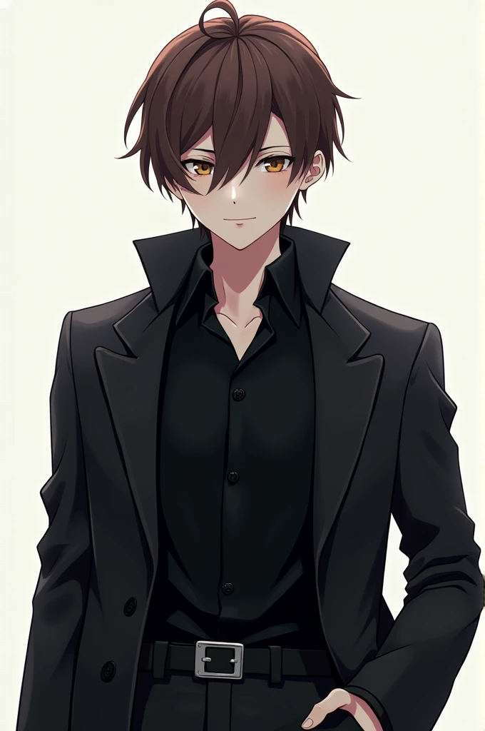 Create an anime boy with brown hair, white skin, black clothes and no face