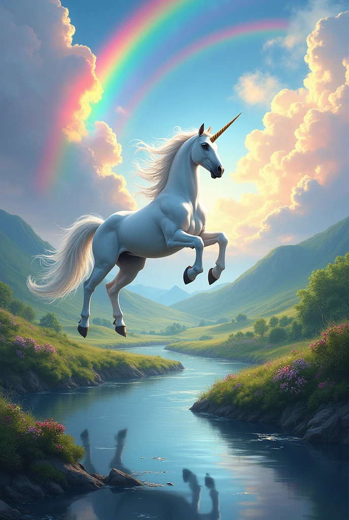 Unicorn jumping in river in a landscape full of colors and rainbows