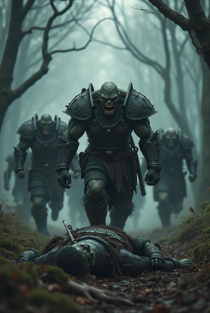A group of fierce orcs fleeing from a bloody battle in a dark, haunting forest after the defeat of their fallen king lying on the ground in front of the human kingdom, hyper realistic, cinematic lighting, dramatic composition, fantasy, muted color palette, gritty, detailed armor and weapons, intense atmosphere, (best quality,4k,8k,highres,masterpiece:1.2),ultra-detailed,(realistic,photorealistic,photo-realistic:1.37)