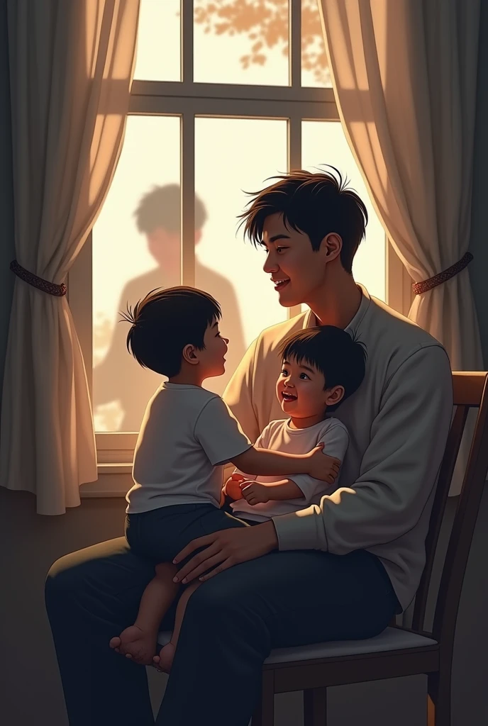 Silhouette of 23 year old Asian man near window watching another 23 year old Asian man with Asian child on his lap smiling