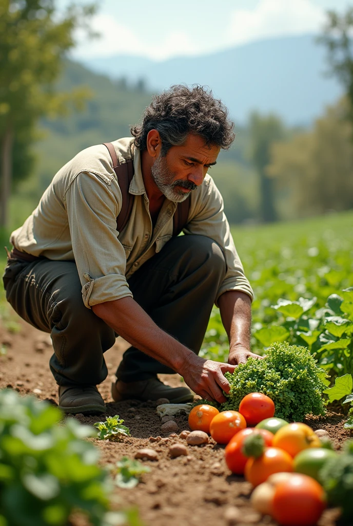 man,cultivating,crouched, vegetables, On foot, walking, laterally, without looking at the camera, peruvian, bright day, bottomless, png, transparent, sideways, Poses