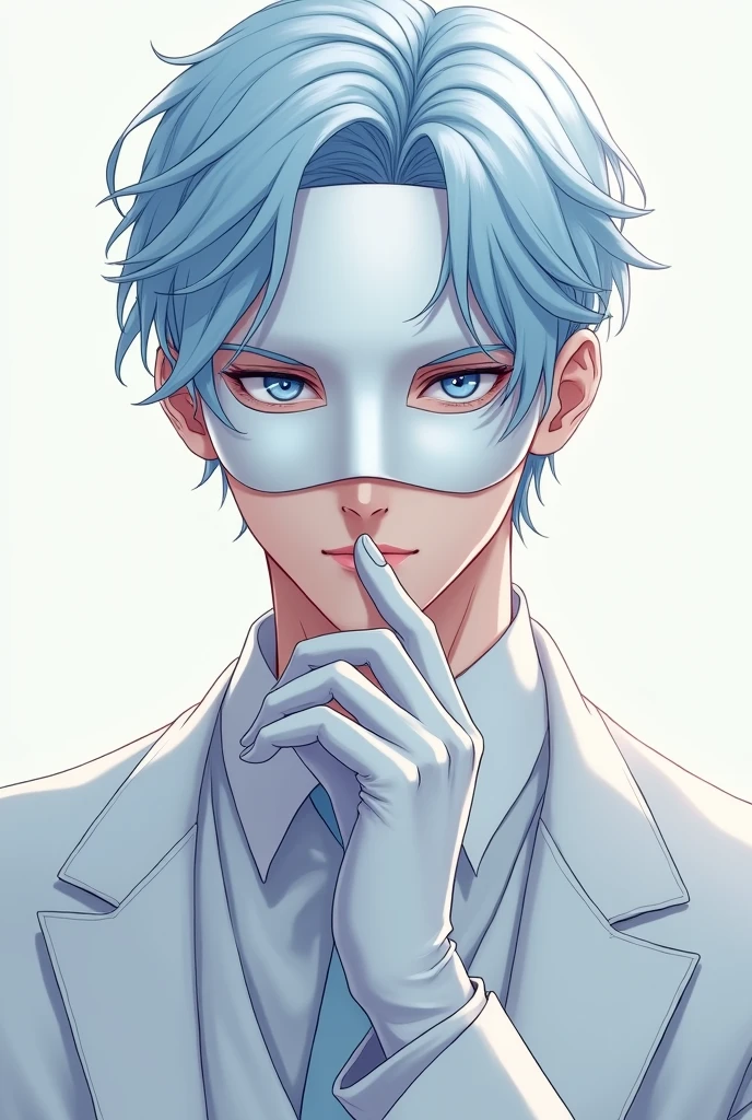 ((master part:1.2, best quality)), 4k, 1 man, anime style, Handsome, short baby blue hair, forehead, white suit, portrait, white mascarade mask covering his face, defined body, light blue eyes, white hair, white gloves (Muscle:1.4, broad shoulders:1.4, disciplined body)