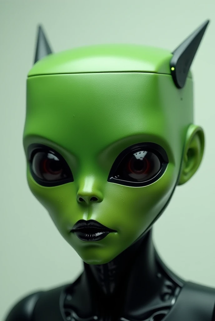 square head green face. android. antennae. very perfect square shape head. alien . green skin. real skin. male. dark lips. small sharp shape. no have nose