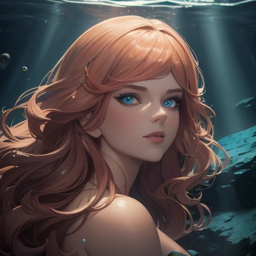 a woman with salmon colored hair, mermaid, beautiful detailed eyes, beautiful detailed lips, extremely detailed face, long eyelashes, mermaid tail, ocean waves, underwater scene, glowing bioluminescent plankton, golden light rays, photorealistic, 8k, hyper detailed, masterpiece, cinematic lighting, fantasy art, face focus