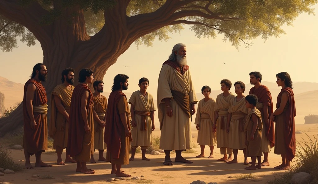 The scene shows the beginning of the lineage of the Israelites, showing Jacob (Israel) with his twelve sons. Details: Jacob may be shown surrounded by his sons under a tree or in a tent, with a background reflecting the ancient desert environment.

 