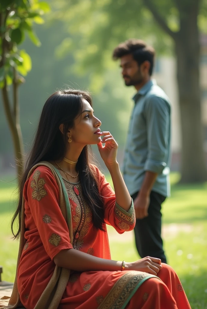 An Indian women in black saree standing alone and staring at an couple sitting on park bench 