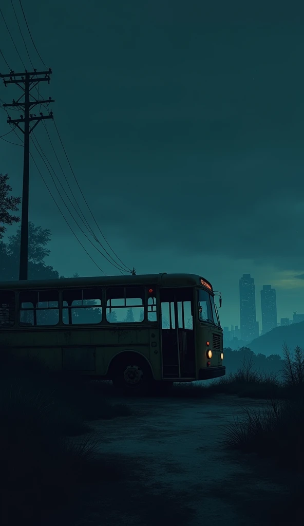 A dark, cold night with a deserted bus parked at the edge of a city.**