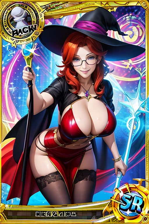 trading card, big breast witch, sweaty cleavage, redhead, sexy electric dress, magic scepter, glasses, smile