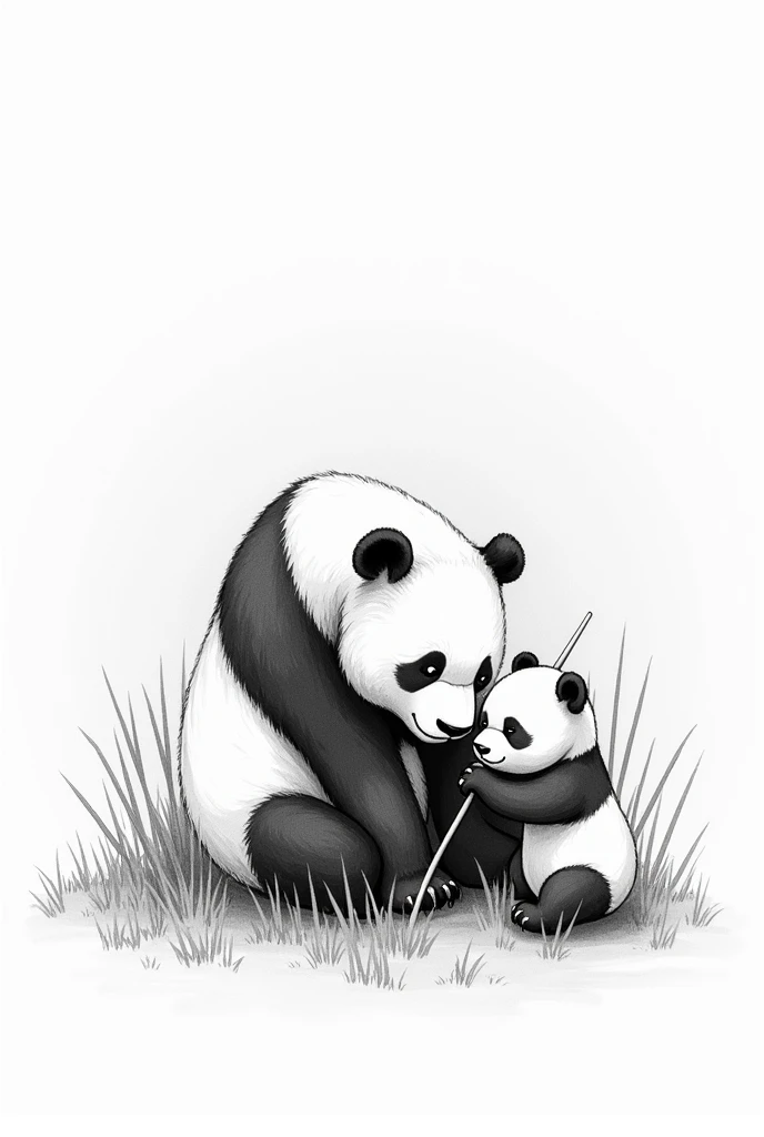 Sketch of a mother panda watching her cub play black and white
