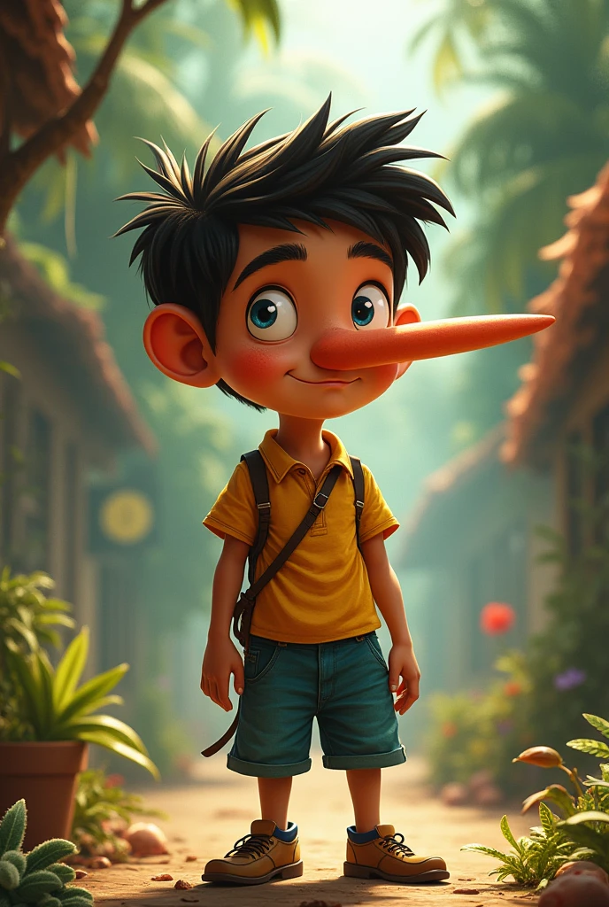 A Brazilian boy with a big nose looks like he&#39;s going to get up to mischief, fable style