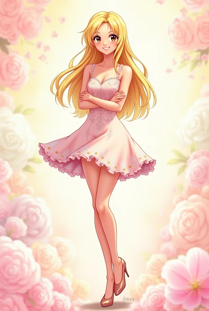 Woman, blonde, white, brown eyes, thin, tall and she is wearing a knee-length flowery dress and she is wearing high heels and she has a happy smile I want her in a anime model